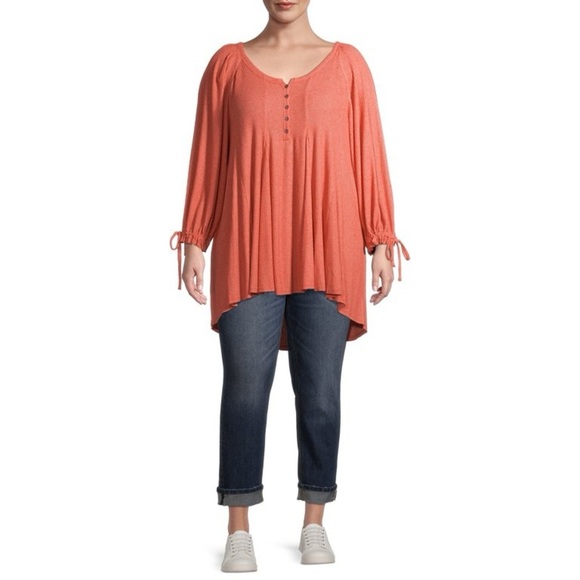 Terra & Sky Plus Size Ribbed Babydoll Henley Top Size 0x Orange Saffron HEATHER - Picture 3 of 8